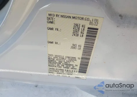 2022 Nissan Altima Sr Fwd from USA, damaged, VIN 1N4BL4CV9NN385332